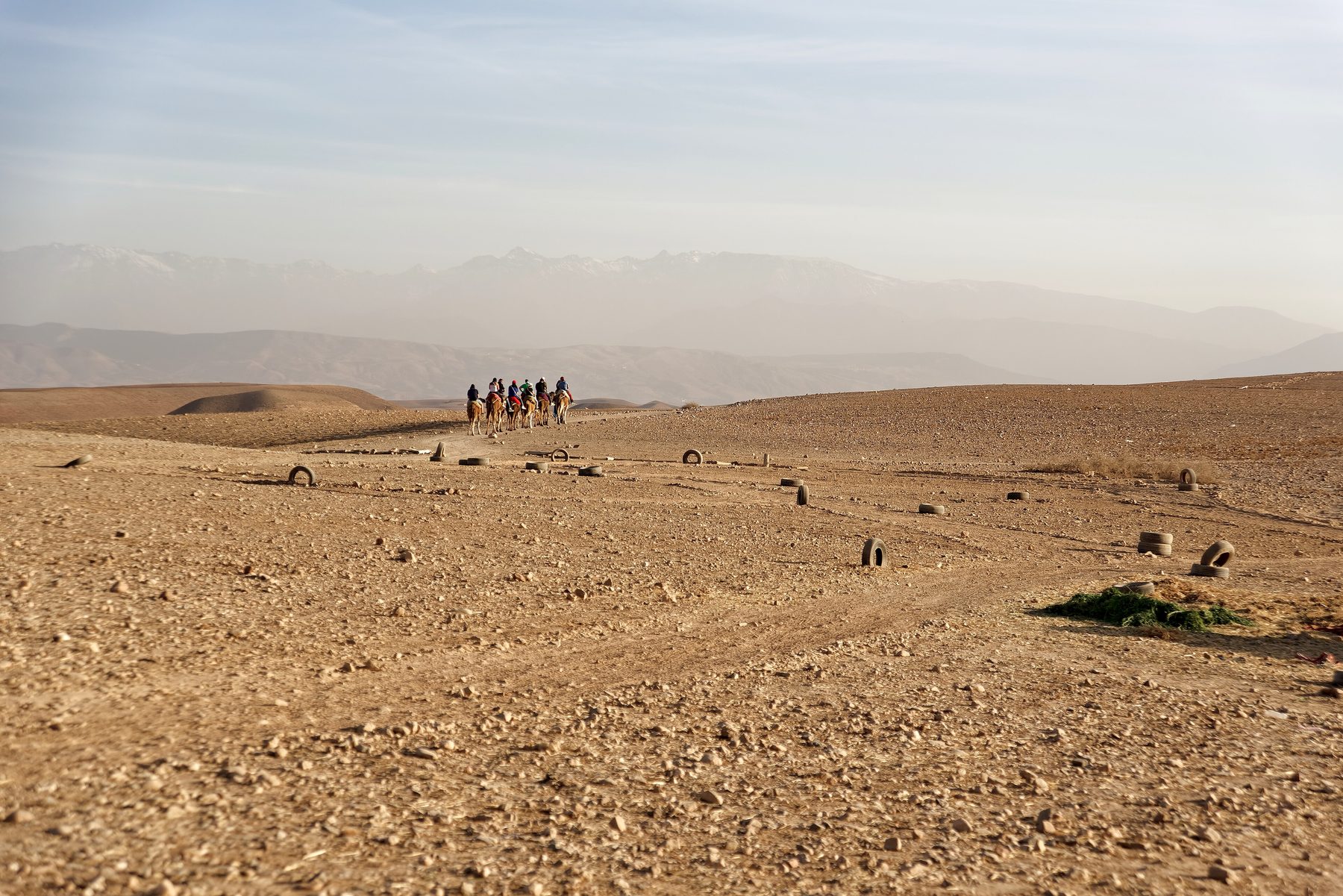 The stone desert of Agafay with the Atlas mountains on the horizon